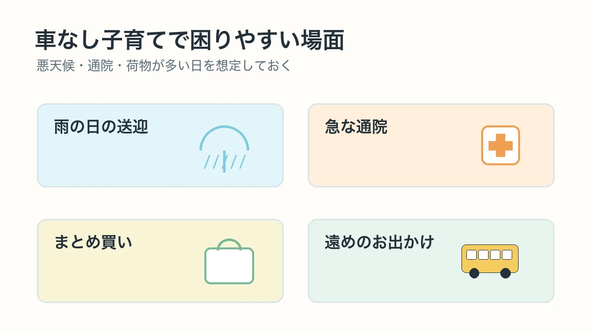 車なし子育てで困りやすい雨の日や通院や買い物の場面